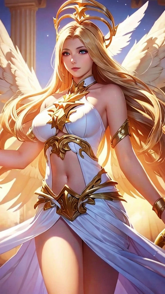 1girl, angel, angel wings, big breasts and exposed breasts, bare shoulders, blonde hair, dress, feathered wings, halo, jewelry, long hair, big breasts, white wings, wings, a beautiful woman with angel wings, Epsylon Point, league of legends splash art, a detailed painting, fantasy art, (masterpiece, best quality:1.5), open belly, standing and 2 hands drop down