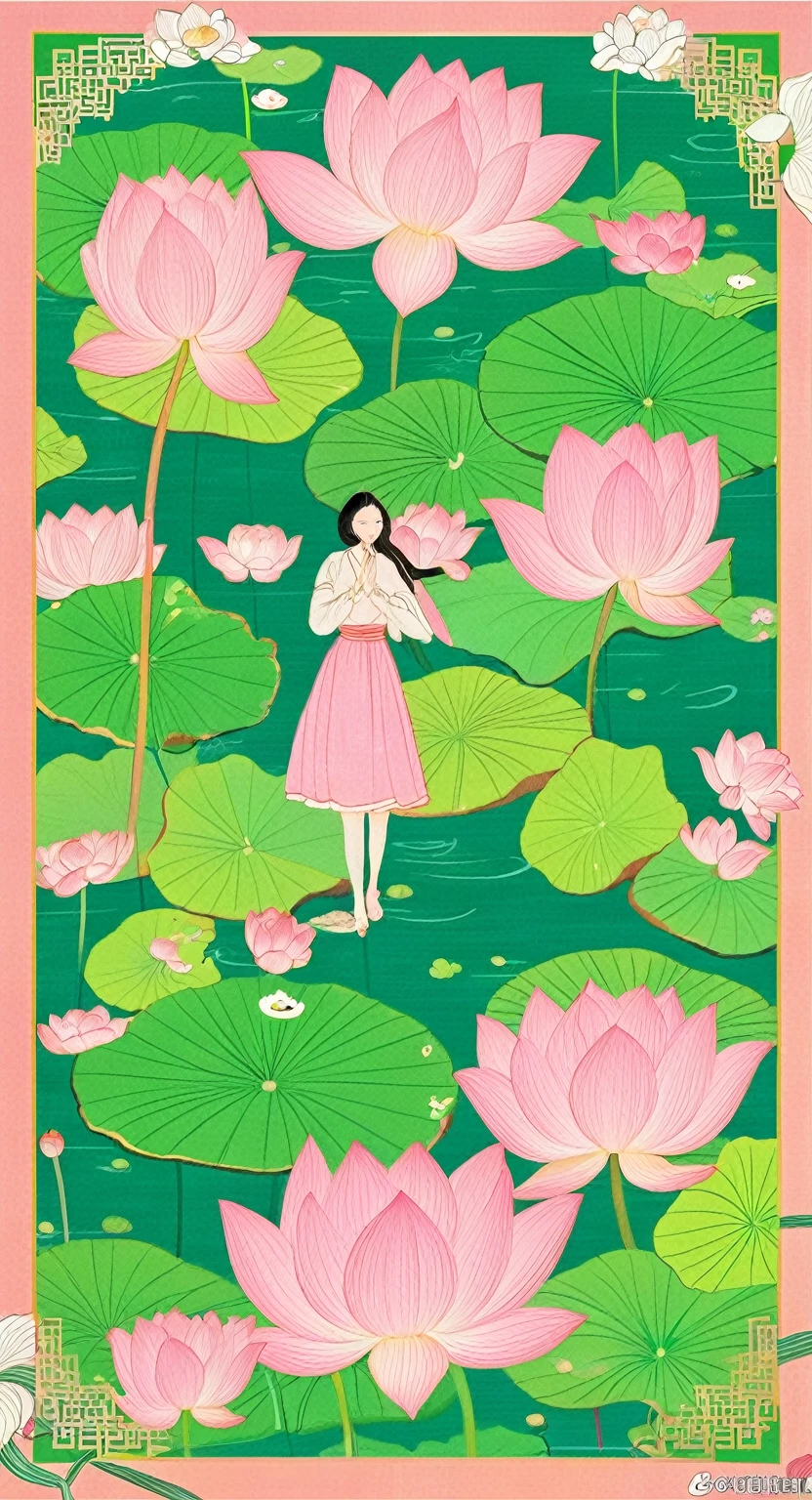 The poster is mainly pink，In the quiet wonderland，The breeze blows the green lotus leaves， The lotus is like a beautiful woman&#39;s smile，Glittering in the morning dew。The ancient pavilion is hidden among the hazy smoke and lush trees.，Like a beautiful woman wearing a light veil，Shy and waiting to bloom。The blue waves gently embrace the beautiful figure of Caiting，Bridge corridor，Like a poet humming， The drizzle falls on this quiet lake，Ripples，Like notes jumping on strings，Play a natural。Birds flying over the water，Leaving behind distant songs，All things grow in this peaceful and tranquil place，Only time flows slowly in silence,Freeze this moment of tranquility forever。 In this dream world，The fragrance of flowers，Heart changes with the scene，Every detail weaves a silent love song， Enjoy the lotus flowers and brew tea，Listen to the wind and talk about the past，Let the tranquility of paradise penetrate your heart，In this world outside the clock，Posthumous，With poetry。4k，Ultra HD