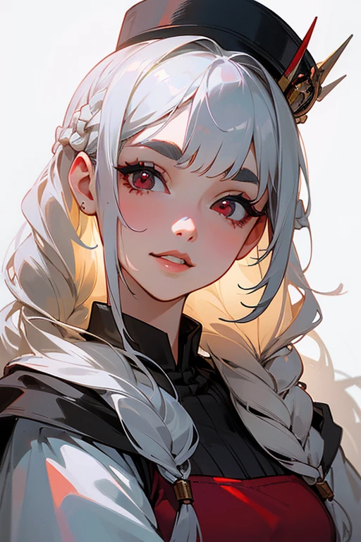 (Highest quality, masterpiece:1.2), High resolution, 最高masterpiece、Very detailed, Realistic:1.37, Fantasy, An illustration,Gray Hair、 Red eyes、Queen, White Dress、beautifully、Eyeshadow Red、Thick eyebrows、Long eyelashes、pupils are black、shiny on the lips、Top Sites、Queen、Princess、A kind smile、Show your teeth a little and smile、Soft impression、people々々々々々々々Loved by、Slimming the face、Shoulder Bare、y braids、Kissing Face、Long white hair、Shaggy Bangs、Save face image、hat、royal palace、