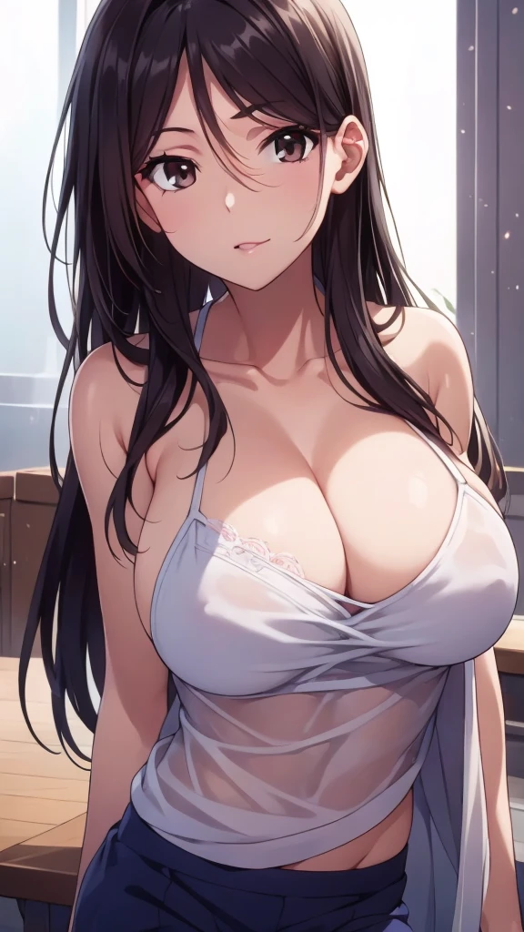 (Upper Body),alone,Medium Shot,masterpiece,Portraiture, 8k,Realistic, Elegant mature woman, Brown eyes, (Black Hair:1.4), smile,Big Breasts,(Transparent camisole),Long Straight Hair, Beautiful breasts,See-through nipples, 4K resolution, High quality CG, Beautiful CG, Soft Light
