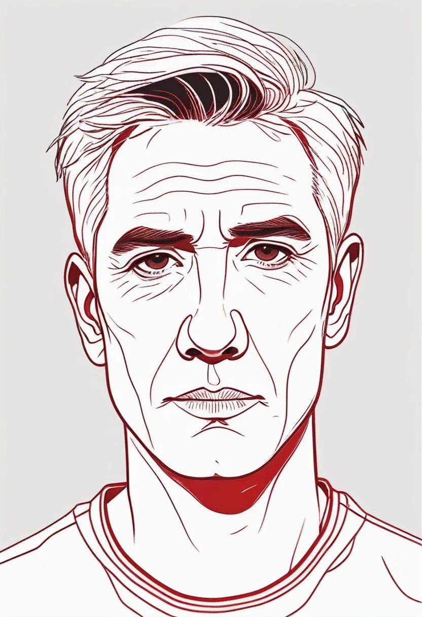 Drawing of a single mature male head in light white and dark red style，middle aged，Boys，short hair，Red monochrome line drawing，Flat illustrations，Minimalism，Close-up of the portrait