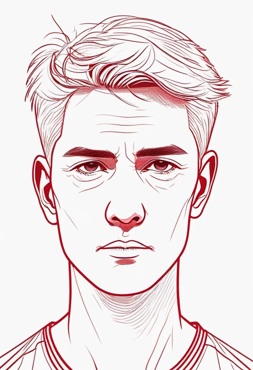 Drawing of a single mature male head in light white and dark red style,middle aged,Boys,short hair,Red monochrome line drawing,Flat illustrations,Minimalism,Close-up of the portrait
