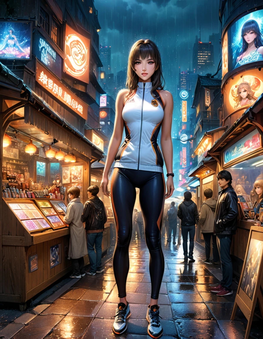 Rainy night,city,Beautiful woman with gal make-up wearing a sports suit on the busy street of Gintama, Surrounded by sellers, Beautiful portrait of a stunning goddess girl, Beautifully detailed face, Porcelain-like skin, Full Body Shot, Centered, Super soft lighting, Symmetric, complicated, elegant, Very detailed, Realistic, Art Station, Concept Art, Smooth, Imagined by Greg Rutkowski and Boris Vallejo, cover, Trendy style