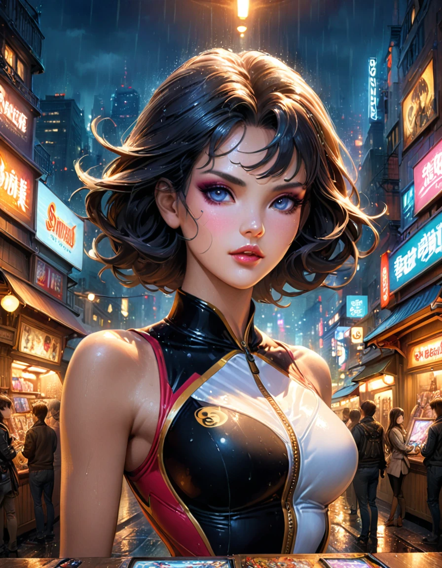 Rainy night,city,Beautiful woman with gal make-up wearing a sports suit on the busy street of Gintama, Surrounded by sellers, Beautiful portrait of a stunning goddess girl, Beautifully detailed face, Porcelain-like skin, Full Body Shot, Centered, Super soft lighting, Symmetric, complicated, elegant, Very detailed, Realistic, Art Station, Concept Art, Smooth, Imagined by Greg Rutkowski and Boris Vallejo, cover, Trendy style