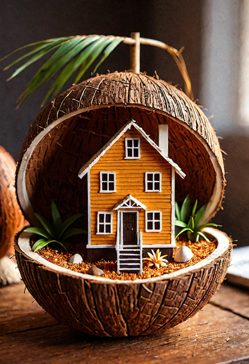 a miniature house in half a coconut shell, 2 floor, miniature fourniture, intricate, macro lens, by artgerm, wlop, (best quality,4k,8k,highres,masterpiece:1.2),ultra-detailed,(realistic,photorealistic,photo-realistic:1.37),hyper-detailed, extremely detailed, incredibly detailed, highly detailed, photorealistic, incredibly realistic, intricate details, exquisite details, 3D, digital art, cinematic lighting, volumetric lighting, dramatic lighting, beautiful lighting, warm colors, soft colors, vibrant colors, rich colors