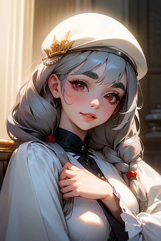 (Highest quality, masterpiece:1.2), High resolution, 最高masterpiece、Very detailed, Realistic:1.37, Fantasy, An illustration,Gray Hair、 Red eyes、Queen, White Dress、beautifully、Eyeshadow Red、Thick eyebrows、Long eyelashes、pupils are black、shiny on the lips、Top Sites、Queen、Princess、A kind smile、Show your teeth a little and smile、Soft impression、people々々々々々々々Loved by、Slimming the face、Shoulder Bare、Sexy braids、Kissing Face、Long white hair、Shaggy Bangs、Save face image、hat、royal palace、