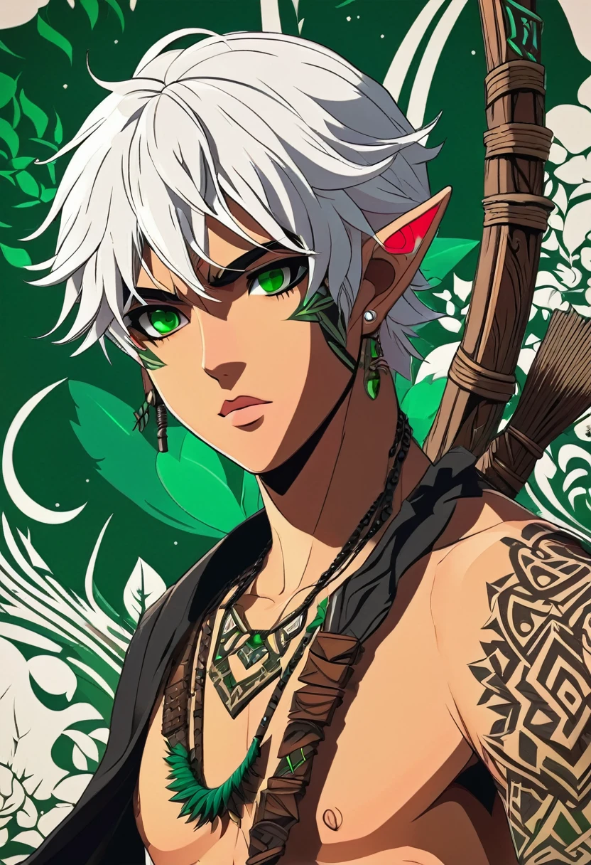 1boy, trap, wood elf, short white hair, green eyes, dark skin, white tribal tattoos, flat chest, thong, tribal bow, fantasy background, textured skin, UHD, UHD, UHD, UHD, award winning, high details, incredible high-key lighting and shadows, masterpiece, incredible illustration (anime style:1.5), modernism art, kawaii anime, digital art pastel style, full lips, trap, femboy