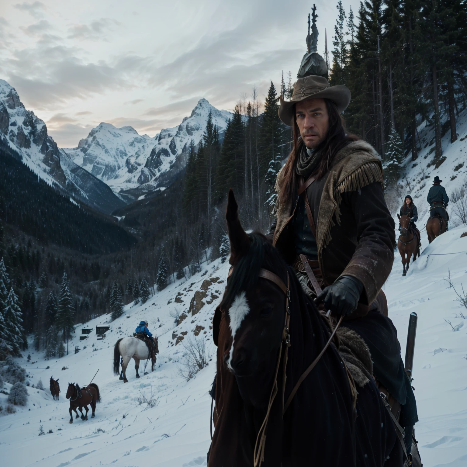 da ist ein Mann, der auf einem Pferd im Schnee reitet, mit vielen Pferden, ein epischer Western, photorealistic Logan movie still, [ western Film ], 8 k Filmstandbild, # Film, 4K-Filmstandbild, 4k Film-Standbild, Arthur Morgan, * * *, Film noch 8 k, Logan, western Film, high-resolution details, 16384k Film