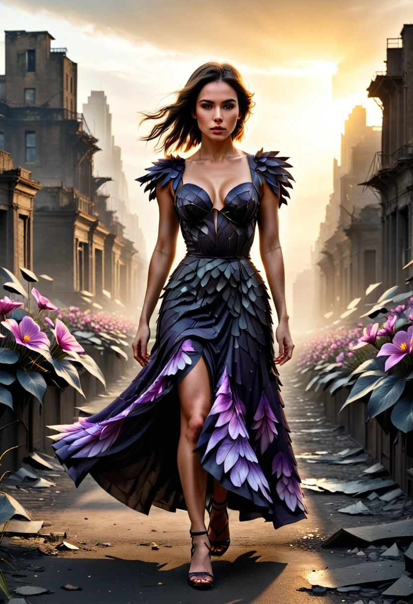 A cinematic photo of a brunette fashion model wearing a magical lilal flower petal-made dress, as she strides confidently through a desolate, dark post-apocalyptic cityscape, capturing the stark juxtaposition of beauty and decay, with the model's flawless skin glowing like a beacon of hope amidst the ravaged urban landscape. photographed with a shallow depth of field to blur the bleak surroundings, emphasizing her striking, rebellious pose. full body, golden hour.