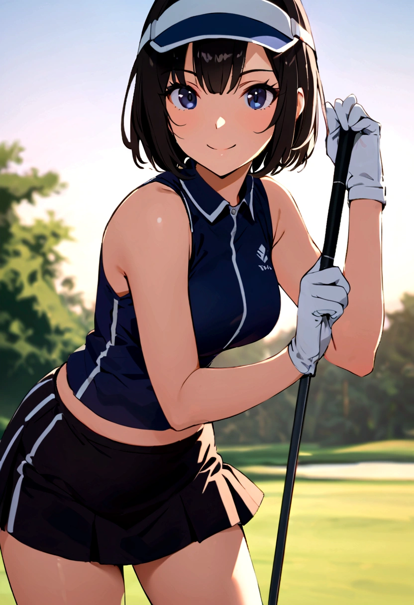 sound　high resolution　8k beauty　Woman playing golf　Golf course　Beautiful woman　Bobcut　Black Hair　　Golf Wear　mini skirt　smile　　looking at the camera　nice shot　No sleeve　Sun visor