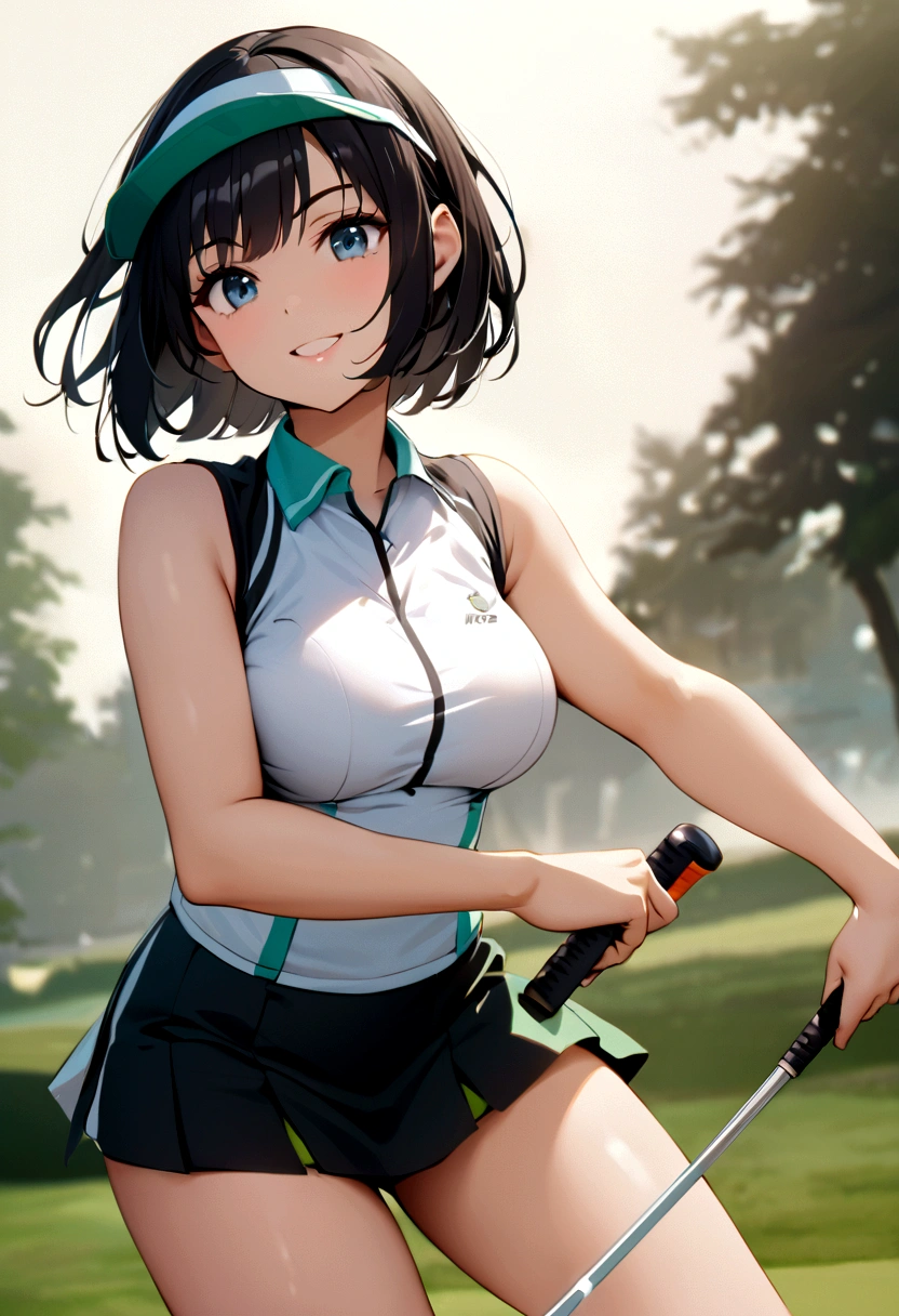 sound　high resolution　8k beauty　Woman playing golf　Golf course　Beautiful woman　Bobcut　Black Hair　　Golf Wear　mini skirt　smile　　looking at the camera　nice shot　No sleeve　Sun visor