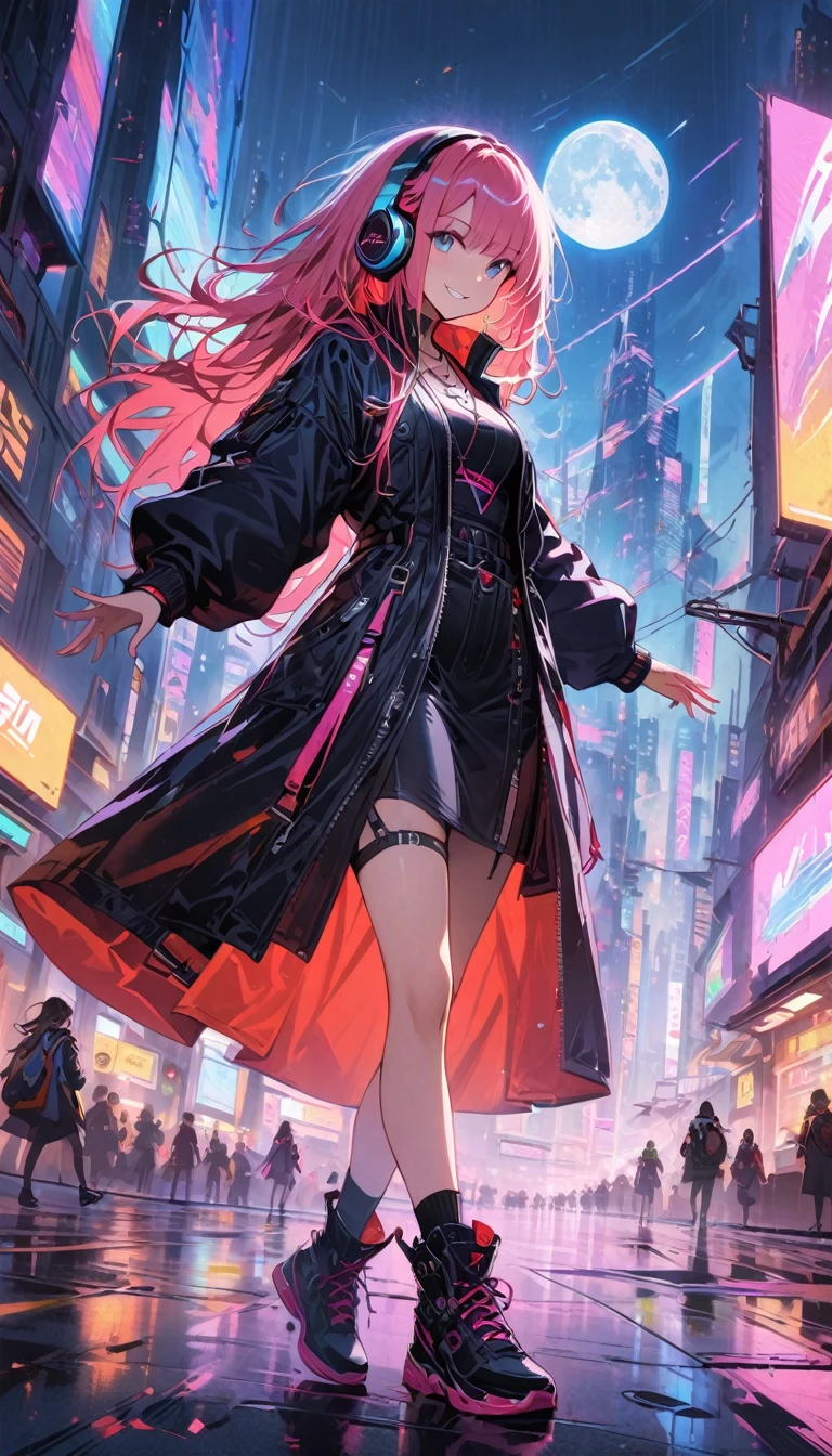 1girl,cyberpunk, Chinese girl, translucent，Wearing headphones，futuristic city, neon lights, high-tech, digital sky, large moon, flying cars, futuristic dress, glowing earphones, jewelry, necklace, long hair, transparent accessories, dynamic pose, smiling, facing camera, ultra-realistic, high-quality, 8K resolution, detailed, futuristic, modern fashion, traditional elements, glowing jewelry, cyberpunk fashion