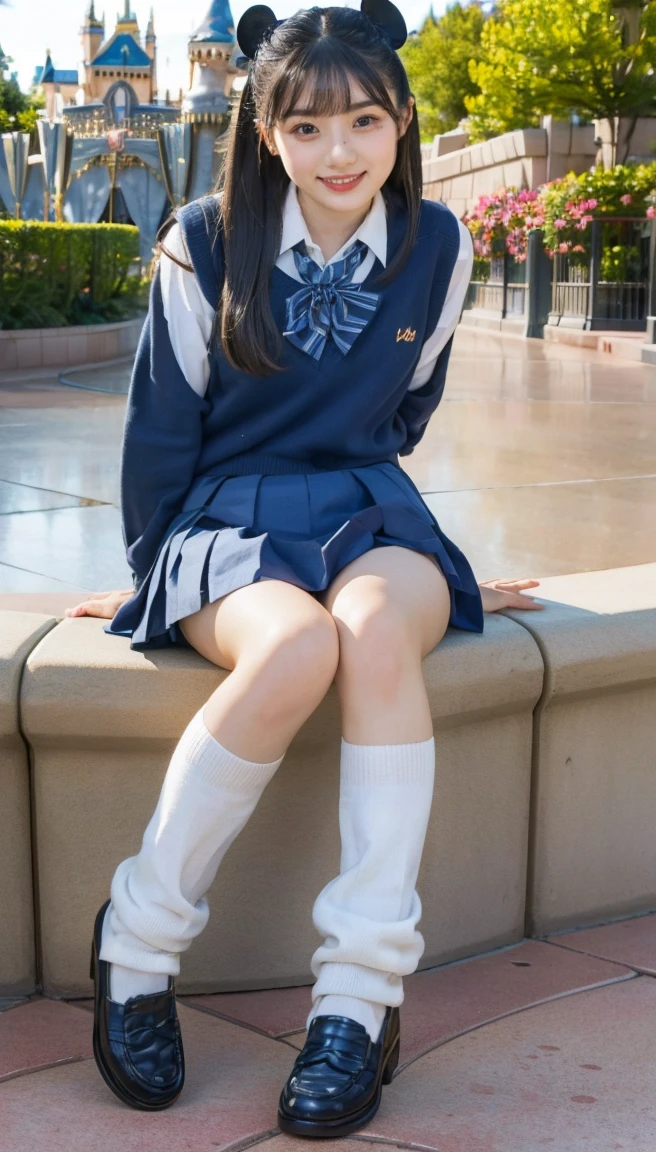 (photorealistic:1.4), best quality, masterpiece, raw 32k photo, (extremely detailed japanese beautiful girl), (extremely detailed eyes:1.2), (cute face:1.2), ultra-detailed, ultra high res, amazing, BREAK,sitting,
(school uniform:1.5), smile, (full body:1.2), detailed school girl, (disneyland:1.3), beautiful detailed girl, bangs, cute face, miniskirt,loafers, perfect legs, perfect hands