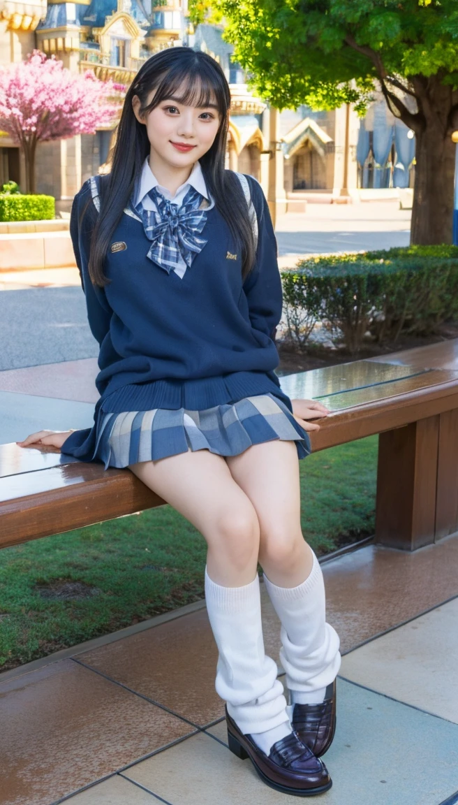 (photorealistic:1.4), best quality, masterpiece, raw 32k photo, (extremely detailed japanese beautiful girl), (extremely detailed eyes:1.2), (cute face:1.2), ultra-detailed, ultra high res, amazing, BREAK,sitting,
(school uniform:1.5), smile, (full body:1.2), detailed school girl, (disneyland:1.3), beautiful detailed girl, bangs, cute face, miniskirt,loafers, perfect legs, perfect hands