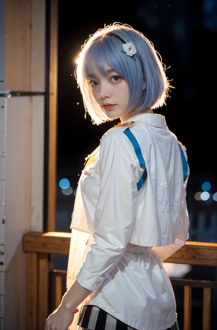 (best quality, masterpiece, colorful, dynamic angle, highest detailed)(\Rei Ayanami\), upper body photo, fashion photography of cute girl (\Rei Ayanami\), red eyes, dressing high detailed Evangelion white suit (high resolution textures), in dynamic pose, bokeh, (intricate details, hyperdetailed:1.15), detailed, moonlight passing through hair, (fantasy colors background, official art, extreme detailed, highest detailed), HDR+