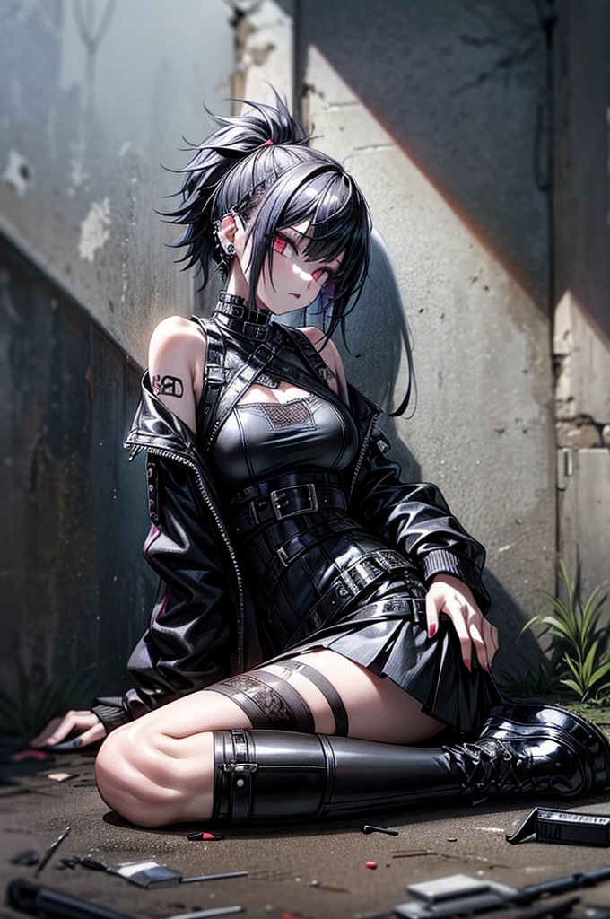 in backstreet, gunshot wound in the wall, 1girl, from side, sitting on ground, (punk fashion:1.2), black messy hair, gothic makeup, many ear piercings, large breasts, black leather short skirt, many red medicine tablet on ground,