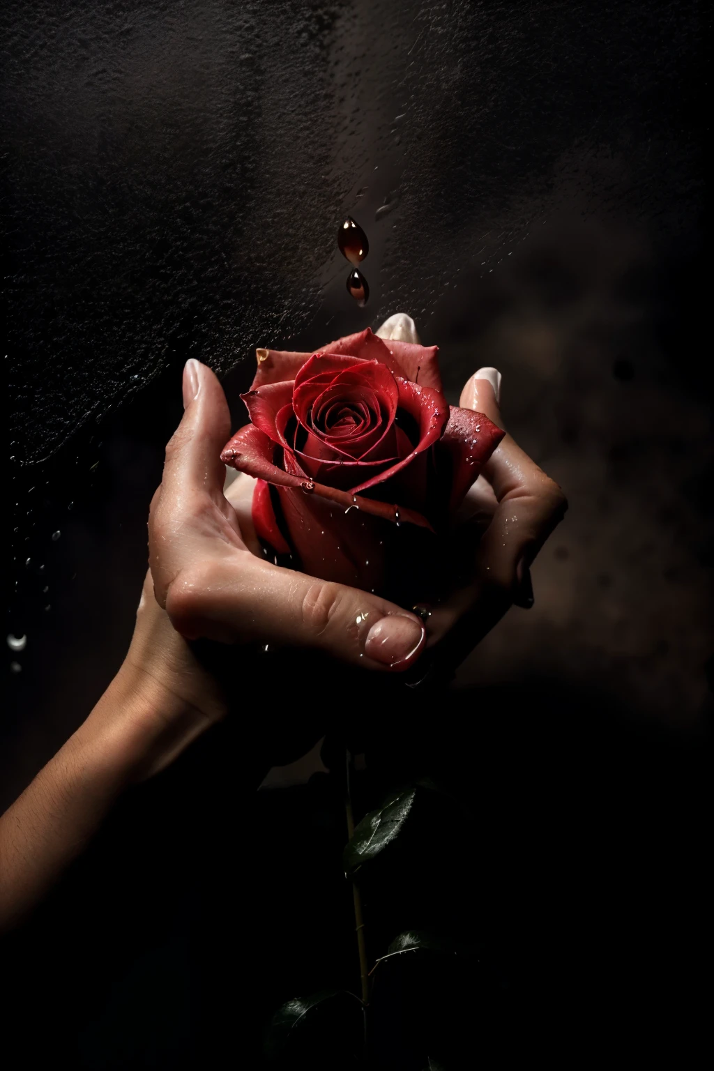 Only hands,No characters,the overall dark tone,Hold a rose in hand,There is raindrops at the bottom as background