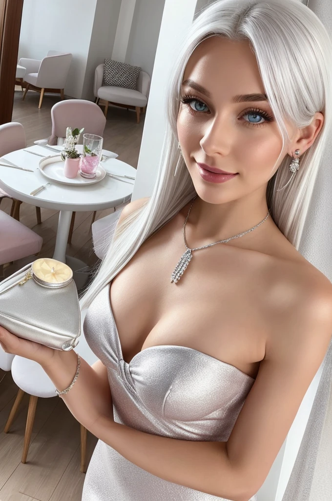 Portrait. Instagram selfie of a russian 19 years old model girl in pink short tight dress with no straps. she stands half sideways. Photo from above and sideways. silver clutch in her hands. pink coctail short dress without straps.pink coctail short dress without straps. Long white hair. shoulders opened. Extremly detailed evening cafe room on the background. platinum blonde. White hair. lips half opened. Silver necklace and small tiny earrings. Live photo in motion. Selfie. smile on her lips. White hair falling on shoulders. Standing White hair falling on shoulders. White hair falling on shoulders. silver clutch in her hands. White hair falling on shoulders. blue eyes. upper body visible. vogue opened pose. She should have a happy expression. soft lights. detailed hairstyle, long hair falling on shoulders, symmetrical. photo from instagram. silver clutch in her hands. silver clutch in her hands.
