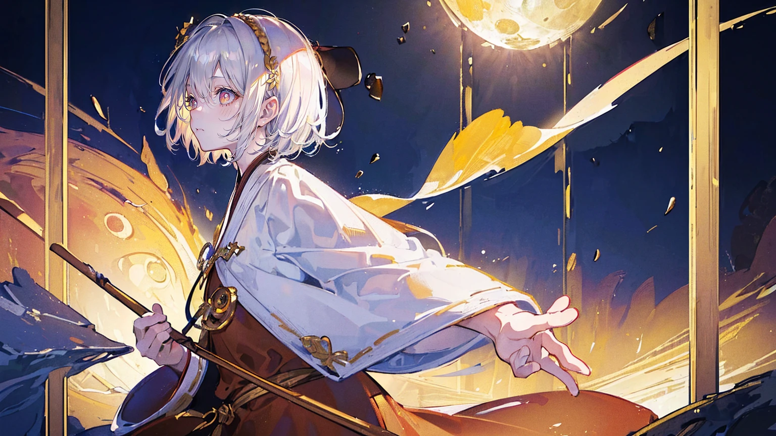 (Super detailed)),((illustration)),((masterpiece)),(((need))),((fine、Highest quality CG Unity 8K wallpapers,masterpiece),((4k,masterpiece,best quality)),Girl with short silver hair,Golden pupils,Western monk robes,The monk's robe is covered with thorns,Sun hat,Lots of warm colors,sunshine,Standing on the cliff,brush,There is a drawing board on the side,In the city,The feet have been twisted,Behind me is a huge tree full of brains,Bird's-eye view,