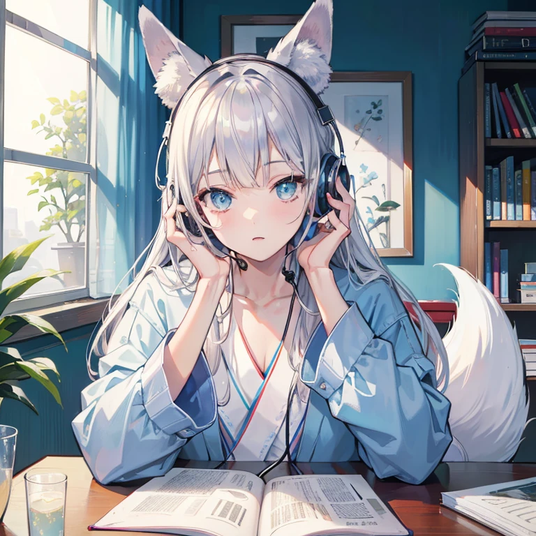 best quality, ((masterpiece)), (detailed), perfect face
masterpiece, highest quality, Spring outfit, Colorful Hair, Upper Body, ((best quality)), perfect face boy, ((highest quality)), morning、Studying in my room listening to the radio with headphones, Silver Kimono, Silver Hair, Fox, Tail, Fox Ears, Warm lighting, Reading a book、 Realistic person with headphones sitting at a table with a laptop, praise boy, praise artstyle, praise art, praise vibes, praise hip hop, Chill Hop, praise portrait, praise cores, Anime atmosphere, The aesthetics of the lofi
