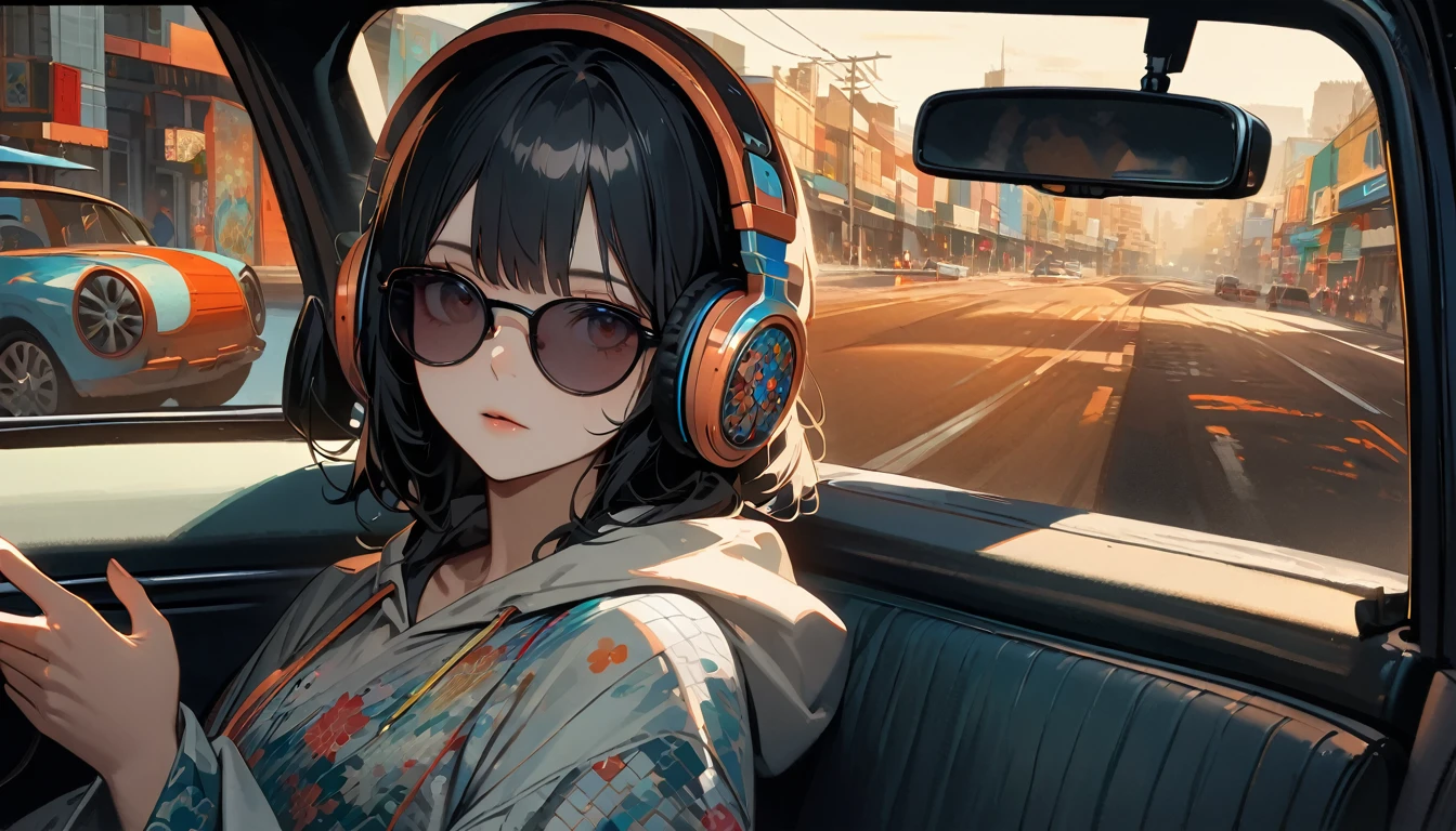 ((8k of extremely detailed CG unit, Masterpiece, high resolution, highest quality, highest quality real texture skin)), (wearing Japanese pattern headphones), ((1 girl)), (((Listening to music in the car))), (((sunglasses))), (Japanese pattern hoodie, Japanese-style shorts), (Black hair, messy hair, beige skin), (Surreal, digital painting), Midnight