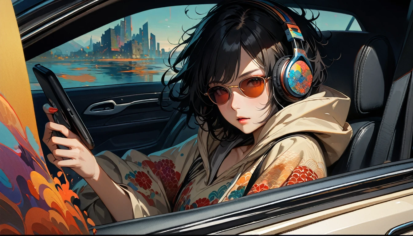 ((8k of extremely detailed CG unit, Masterpiece, high resolution, highest quality, highest quality real texture skin)), (wearing Japanese pattern headphones), ((1 girl)), (((Listening to music in the car))), (((sunglasses))), (Japanese pattern hoodie, Japanese-style shorts), (Black hair, messy hair, beige skin), (Surreal, digital painting), Midnight