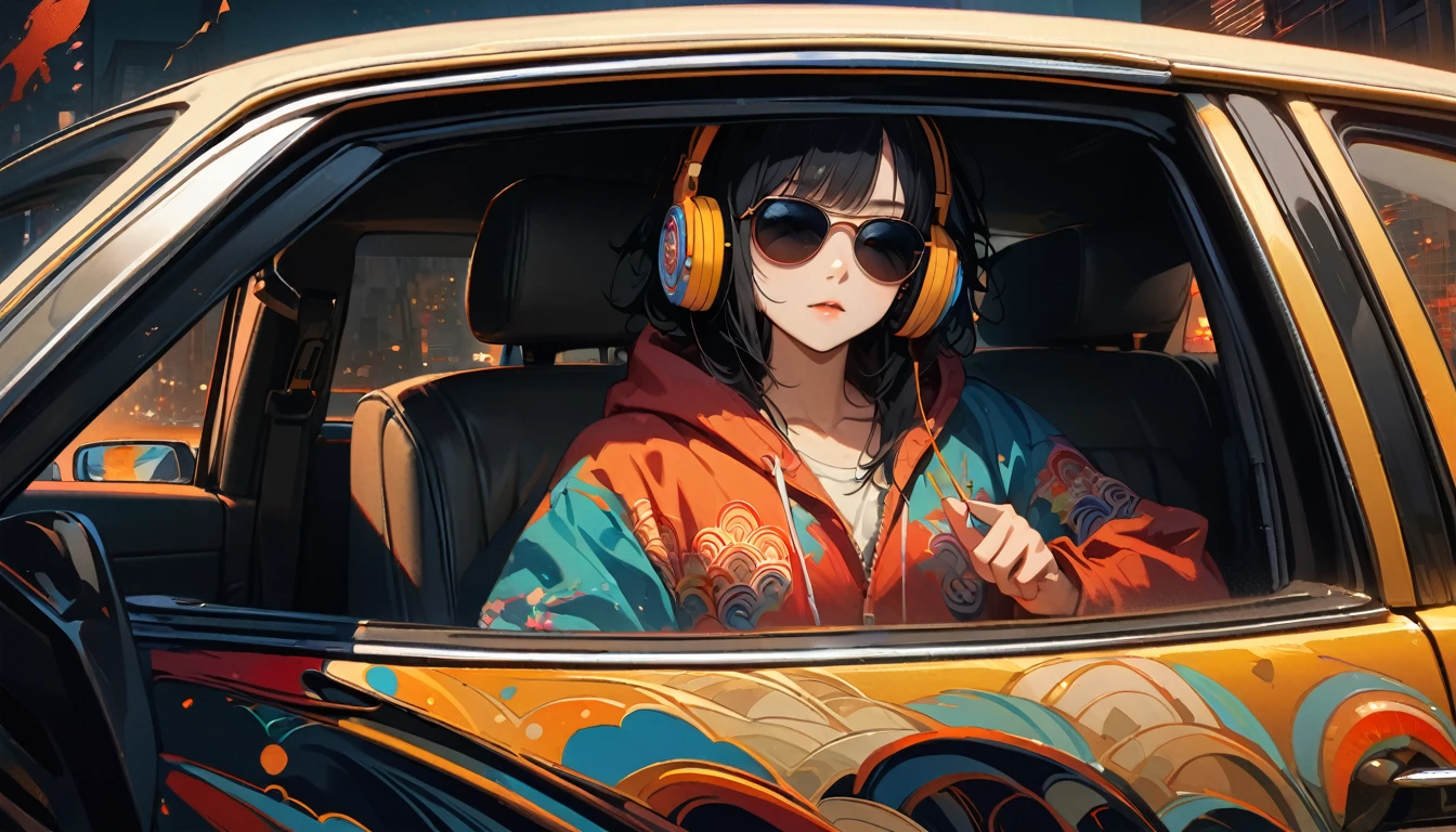 ((8k of extremely detailed CG unit, Masterpiece, high resolution, highest quality, highest quality real texture skin)), (wearing Japanese pattern headphones), ((1 girl)), (((Listening to music in the car))), (((sunglasses))), (Japanese pattern hoodie, Japanese-style shorts), (Black hair, messy hair, beige skin), (Surreal, digital painting), Midnight