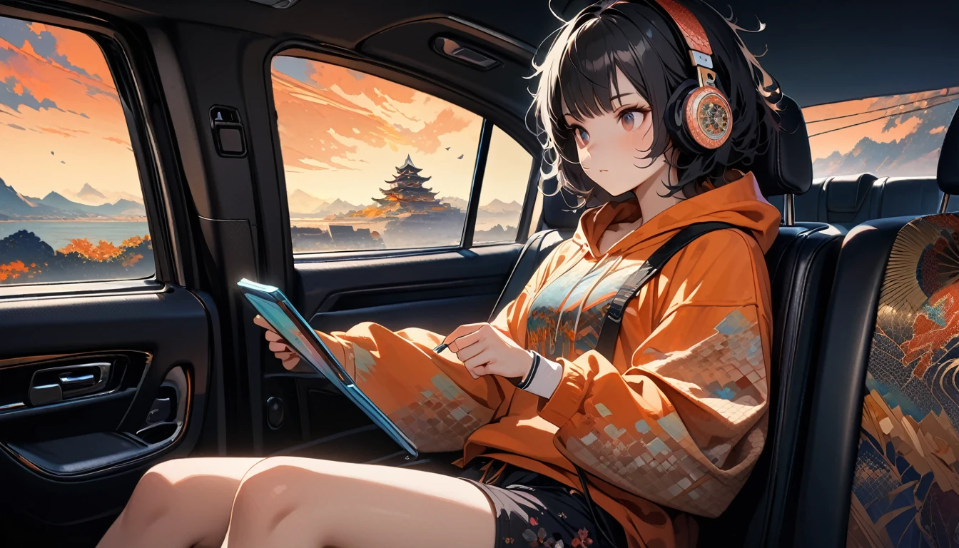 ((8k of extremely detailed CG unit, Masterpiece, high resolution, highest quality, highest quality real texture skin)), (wearing Japanese pattern headphones), ((1 girl)), (((Listening to music in the car))), (((sunglasses))), (Japanese pattern hoodie, Japanese-style shorts), (Black hair, messy hair, beige skin), (Surreal, digital painting), Midnight