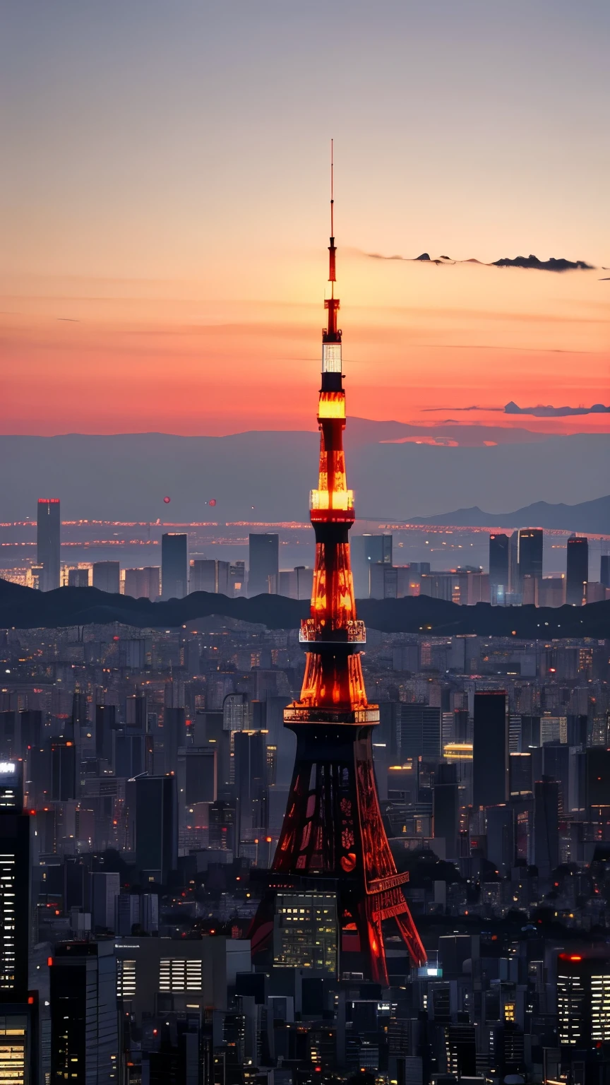 「With the sunset sky as a background、Tokyo Tower is beautifully lit up。There are many high-rise buildings around、The cityscape unfolds。Below Tokyo Tower, you can see traditional Japanese buildings.、The scenery is characterized by a fusion of modern and traditional elements.。」