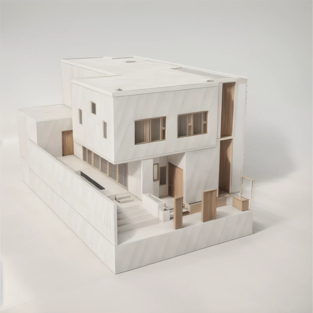 RAW photo of shophouse, two floors, Modern style, a Mid-Century Modern Twist, closed facade, white crushed stone material, white concrete, wood, outside stairs, lots of green space, daylight, Dark, light volume::1.5, warm light, light point::1.5, target light art trend, studio photo, intricate details, luxurious and spacious, beautiful, realistic, 32k uhd, Noon.