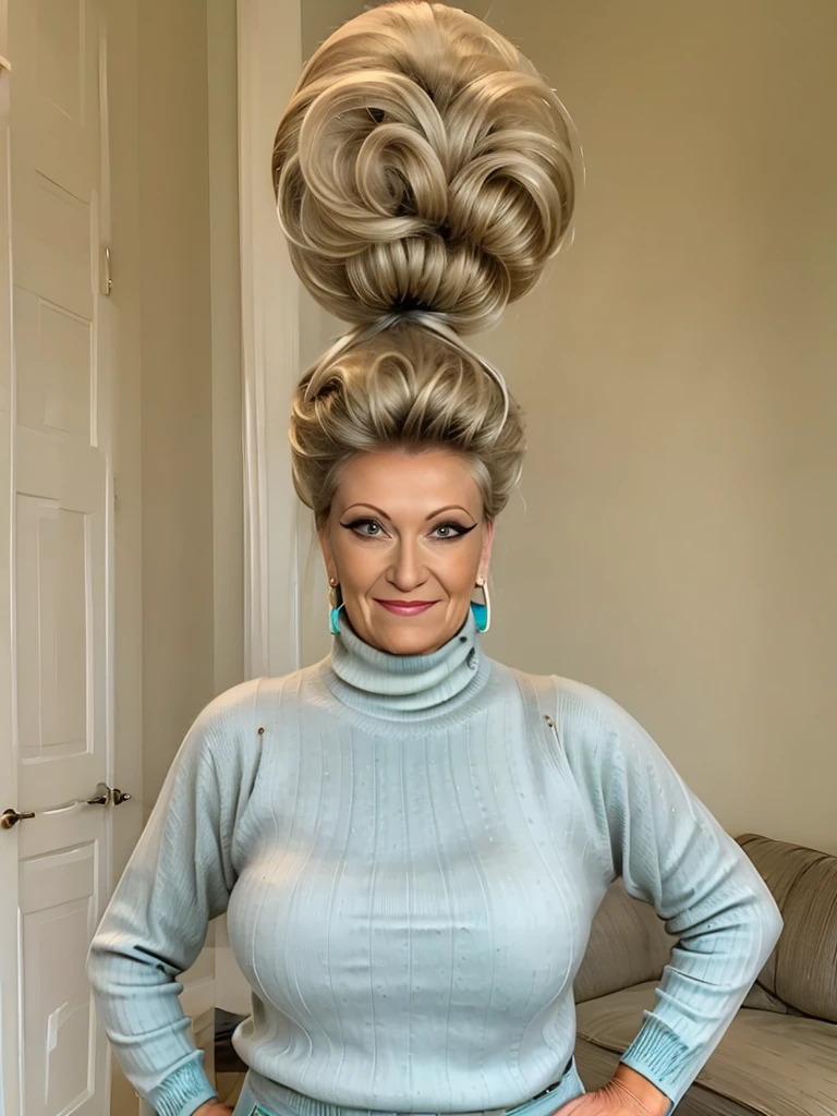 photo of a skinny very old wrinkly mature blonde prostitute with fake eyelashes and plump-enhanced lips, messy long hair was thrown into a messy bun ponytail. She wears: (turtleneck soft high ribbed turquoise sweater:1.1), submissive seductive pose, high tight ribbed neck, seductive smile, perfect fake tits