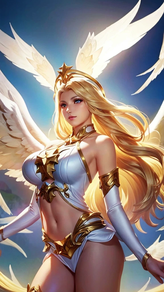 1girl, angel, angel wings, big breasts and exposed breasts, bare shoulders, blonde hair, dress, feathered wings, halo, jewelry, long hair, big breasts, white wings, wings, a beautiful woman with angel wings, Epsylon Point, league of legends splash art, a detailed painting, fantasy art, (masterpiece, best quality:1.5), open belly, standing and 2 hands drop down