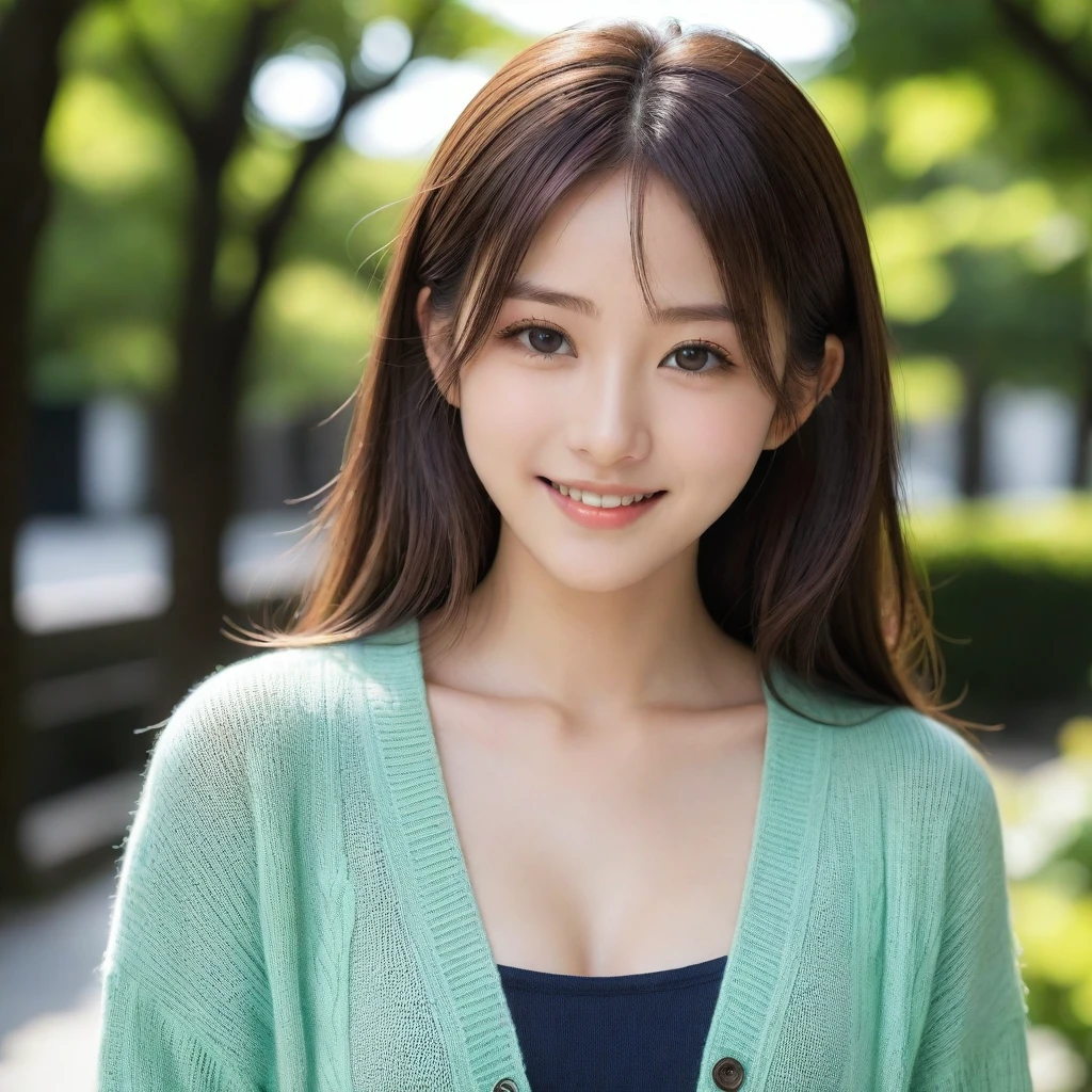 8k, Ultra-high resolution, Highest quality, masterpiece, 三分割法によるphotograph,Surreal, photograph, 1 girl, (:1.3), pretty girl, Cute face, Beautiful eyes in every detail, 細かくdetailedに,masterpiece,, One Girl:1.2, Japan Female Announcer,Young Wife,Urban area,street tree,green,White shirt,cardigan,Summer knitwear,Full of cleanliness,A carefree smile,Healing the heart,Looking at the audience、beauty,Long neck、Laugh a little、Please close your mouth and laugh、(((Ideal body type))),A-cup small breasts :2,、Portraiture:2、Perfect Anatomy、鮮明なdetailed、detailed、Surreal、Light and shadow,Strong light