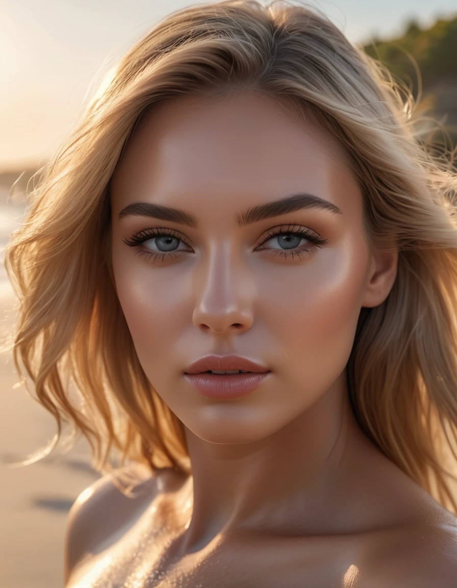 a beautiful blonde woman with large breasts,curvaceous body,walking on the beach,facing the camera,completely nude and her skin is wet,(best quality,4k,8k,highres,masterpiece:1.2),ultra-detailed,(realistic,photorealistic,photo-realistic:1.37),hyper realistic,highly detailed skin and face,detailed facial features,gorgeous detailed eyes,long eyelashes,full detailed lips,intricate detailed anatomy,natural lighting,dramatic warm lighting,golden hour lighting,soft ocean breeze,photorealistic sand and waves,idyllic tropical beach scene,se ve el cuerpo entero