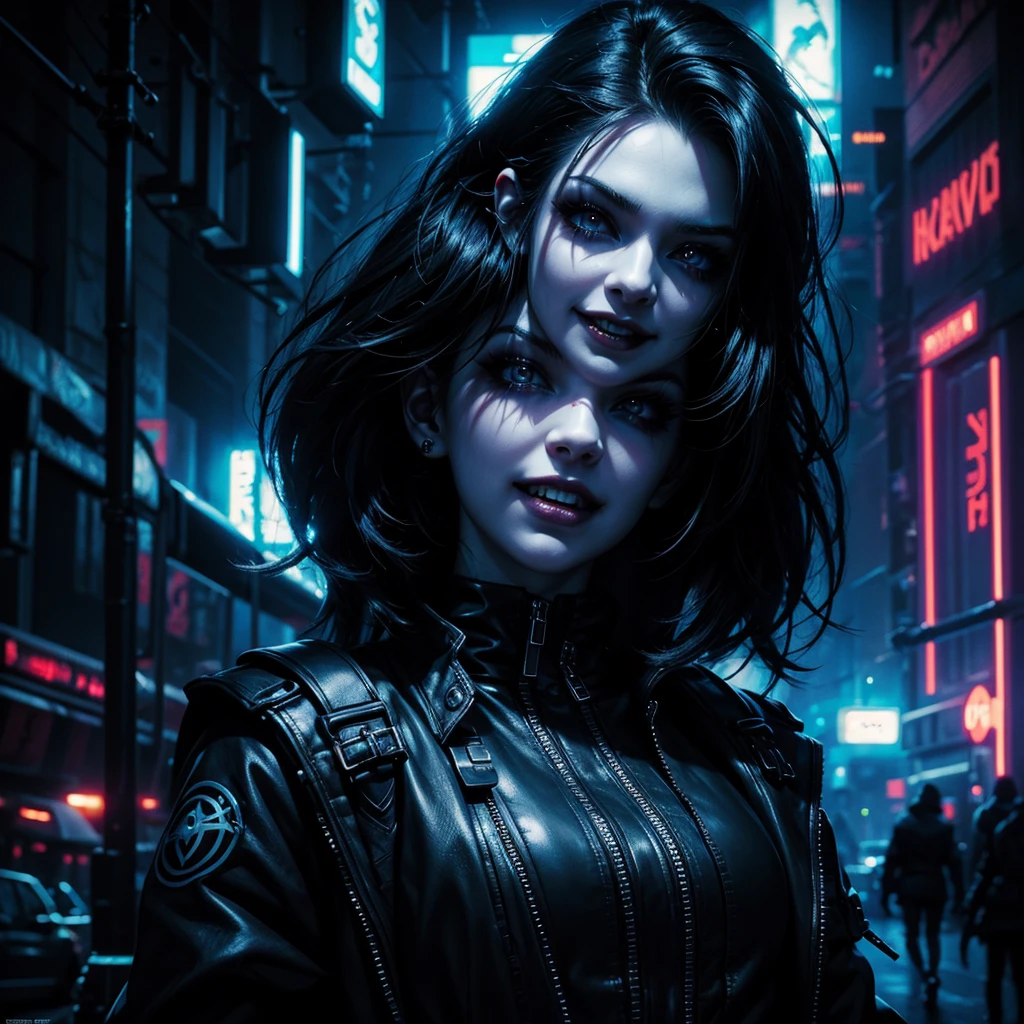 a dark cyber vampire girl with pale skin, pointed fangs, disturbing smile, piercing gaze, dark makeup, black hair, cyberpunk outfit, glowing neon lights, dystopian city background, cinematic lighting, dramatic colors, high contrast, photorealistic, masterpiece, 8k, hyper-detailed