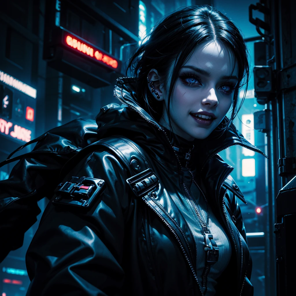 a dark cyber vampire girl with pale skin, pointed fangs, disturbing smile, piercing gaze, dark makeup, black hair, cyberpunk outfit, glowing neon lights, dystopian city background, cinematic lighting, dramatic colors, high contrast, photorealistic, masterpiece, 8k, hyper-detailed