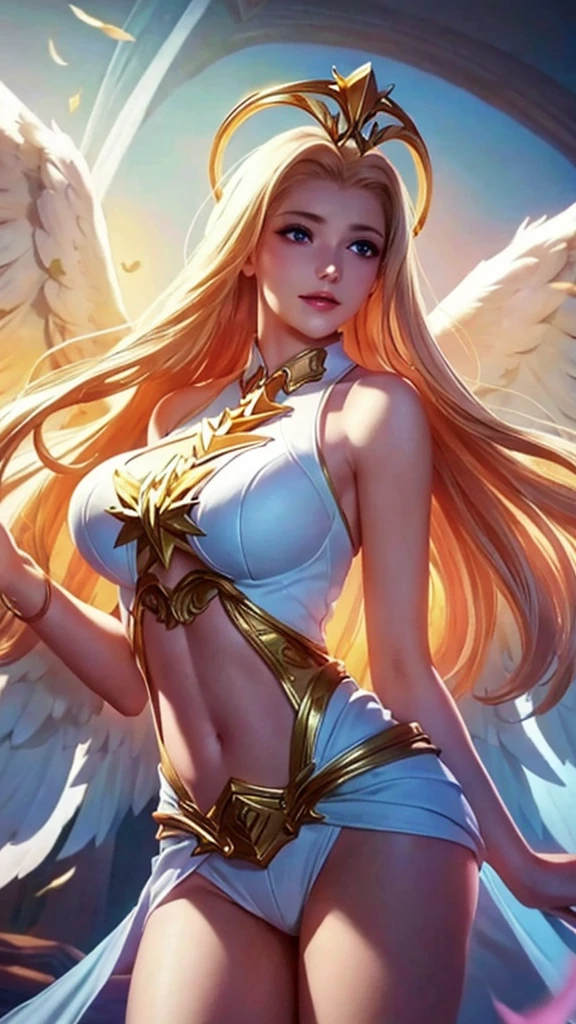 1girl, angel, angel wings, big breasts and exposed breasts, bare shoulders, blonde hair, dress, feathered wings, halo, jewelry, long hair, big breasts, white wings, wings, a beautiful woman with angel wings, Epsylon Point, league of legends splash art, a detailed painting, fantasy art, (masterpiece, best quality:1.5), open belly, standing and 2 hands drop down