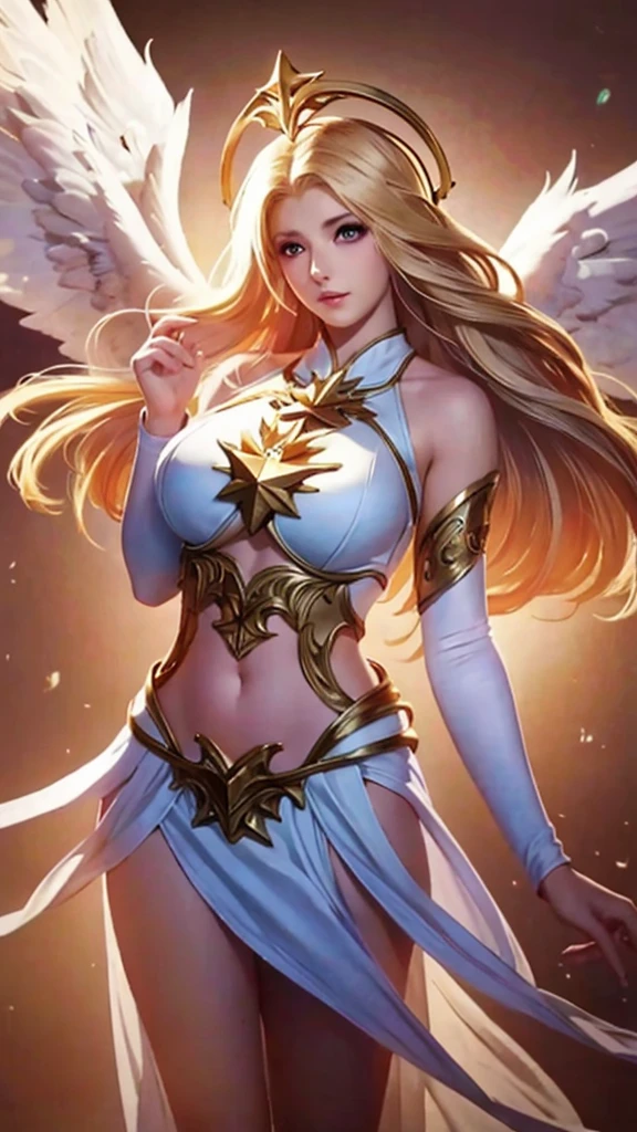 1girl, angel, angel wings, big breasts and exposed breasts, bare shoulders, blonde hair, dress, feathered wings, halo, jewelry, long hair, big breasts, white wings, wings, a beautiful woman with angel wings, Epsylon Point, league of legends splash art, a detailed painting, fantasy art, (masterpiece, best quality:1.5), open belly, standing and 2 hands drop down