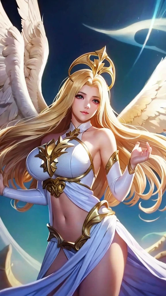 1girl, angel, angel wings, big breasts and exposed breasts, bare shoulders, blonde hair, dress, feathered wings, halo, jewelry, long hair, big breasts, white wings, wings, a beautiful woman with angel wings, Epsylon Point, league of legends splash art, a detailed painting, fantasy art, (masterpiece, best quality:1.5), open belly, standing and 2 hands drop down