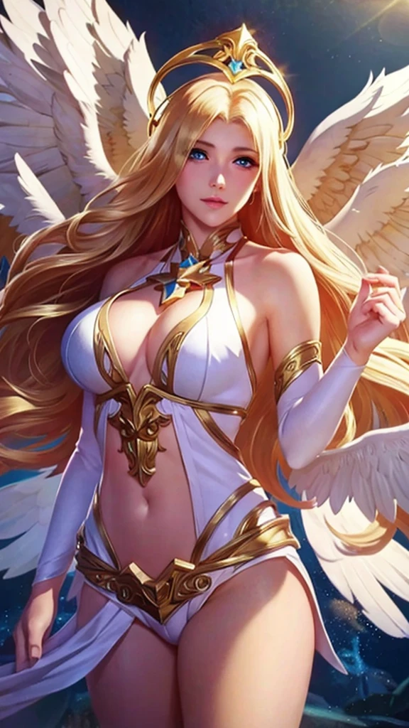 1girl, angel, angel wings, big breasts and exposed breasts, bare shoulders, blonde hair, dress, feathered wings, halo, jewelry, long hair, big breasts, white wings, wings, a beautiful woman with angel wings, Epsylon Point, league of legends splash art, a detailed painting, fantasy art, (masterpiece, best quality:1.5), open belly, standing and 2 hands drop down