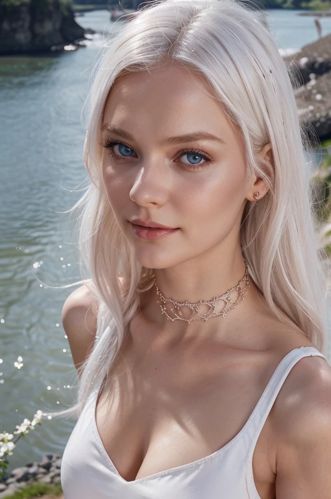 Portrait of a russian model girl in pink flluffy tight dress. shoulders opened. River on the background and norway village. platinum blonde. Natural lightning White hair. photo from above. photo from above. photo from above. lips half opened. pink tiny choker on the neck. Live photo in motion. Selfie. light smile on her lips. White hair falling on shoulders. White hair falling on shoulders. White hair falling on shoulders. White hair falling on shoulders. blue eyes. upper body visible. vogue opened pose. She should have a happy expression. soft lights. detailed hairstyle, long hair falling on shoulders, symmetrical. photo from instagram.
