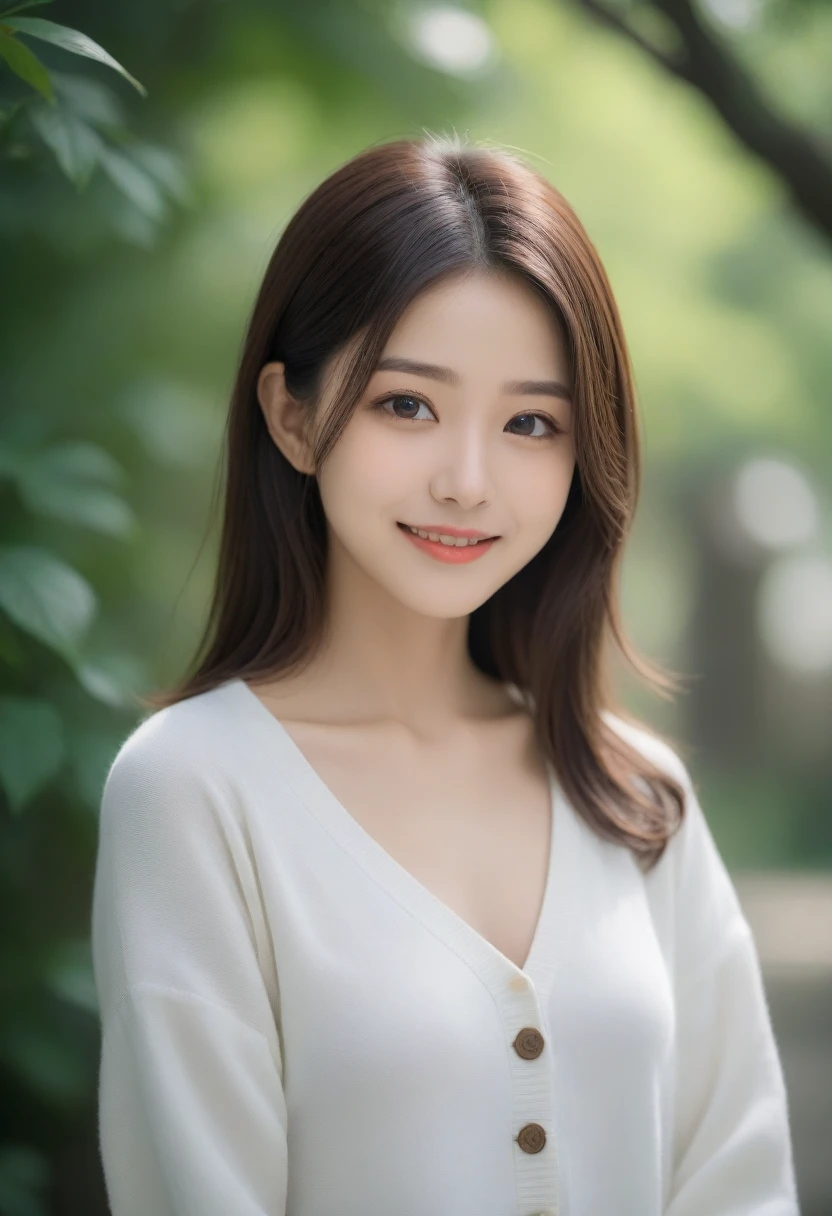 8k, Ultra-high resolution, Highest quality, masterpiece, 三分割法によるphotograph,Surreal, photograph, 1 girl, (16 years old:1.3), pretty girl, Cute face, Beautiful eyes in every detail, 細かくdetailedに,masterpiece,, One Girl:1.2, Japan Female Announcer,Young Wife,Urban area,street tree,green,White shirt,cardigan,Summer knitwear,Full of cleanliness,A carefree smile,Healing the heart,Looking at the audience、beauty,Long neck、Laugh a little、Please close your mouth and laugh、(((Ideal body type))),A-cup small breasts :2,、Portraiture:2、Perfect Anatomy、鮮明なdetailed、detailed、Surreal、Light and shadow,Strong light 