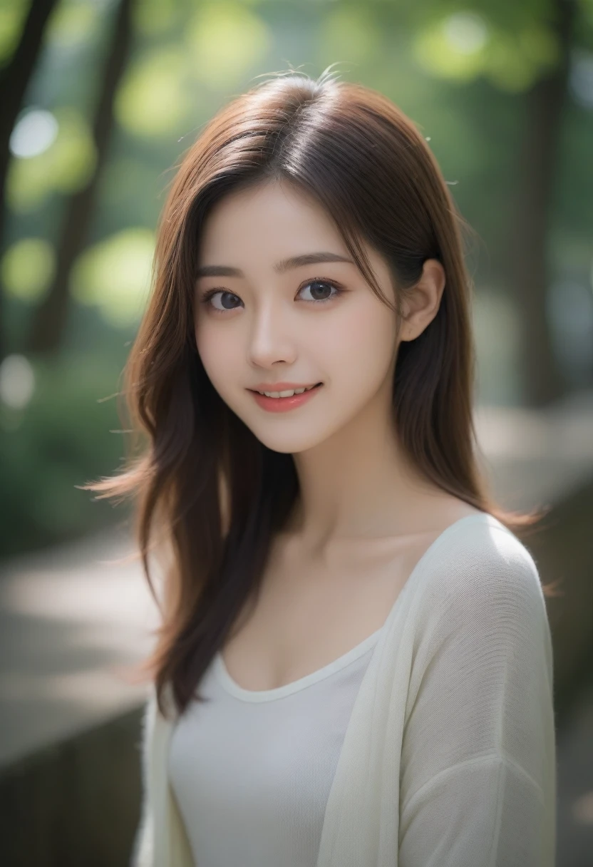 8k, Ultra-high resolution, Highest quality, masterpiece, 三分割法によるphotograph,Surreal, photograph, 1 girl, (16 years old:1.3), pretty girl, Cute face, Beautiful eyes in every detail, 細かくdetailedに,masterpiece,, One Girl:1.2, Japan Female Announcer,Young Wife,Urban area,street tree,green,White shirt,cardigan,Summer knitwear,Full of cleanliness,A carefree smile,Healing the heart,Looking at the audience、beauty,Long neck、Laugh a little、Please close your mouth and laugh、(((Ideal body type))),A-cup small breasts :2,、Portraiture:2、Perfect Anatomy、鮮明なdetailed、detailed、Surreal、Light and shadow,Strong light