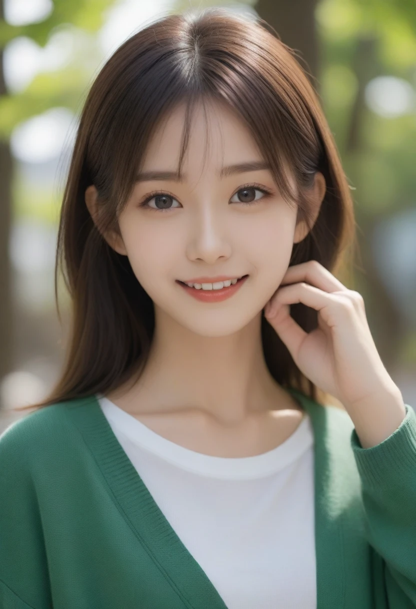8k, Ultra-high resolution, Highest quality, masterpiece, 三分割法によるphotograph,Surreal, photograph, 1 girl, (:1.3), pretty girl, Cute face, Beautiful eyes in every detail, 細かくdetailedに,masterpiece,, One Girl:1.2, Japan Female Announcer,Young Wife,Urban area,street tree,green,White shirt,cardigan,Summer knitwear,Full of cleanliness,A carefree smile,Healing the heart,Looking at the audience、beauty,Long neck、Laugh a little、Please close your mouth and laugh、(((Ideal body type))),A-cup small breasts :2,、Portraiture:2、Perfect Anatomy、鮮明なdetailed、detailed、Surreal、Light and shadow,Strong light
