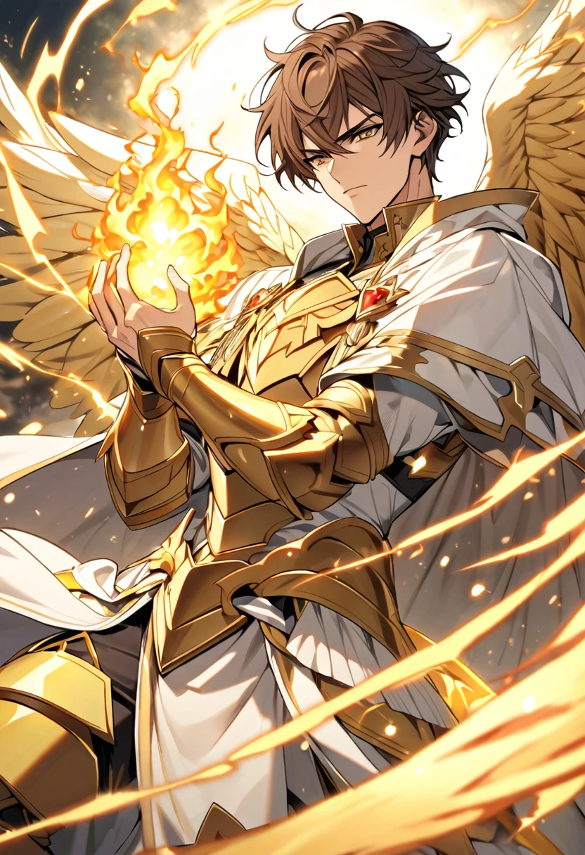 Handsome, single, 1 male, short hair, brown hair, yellow-black eyes. Magic style golden armor warrior outfit white coat An enormous power swirled like golden yellow fire and lightning mixed together. Magical power is in your hands. Heaven's crown. White feathered wings.