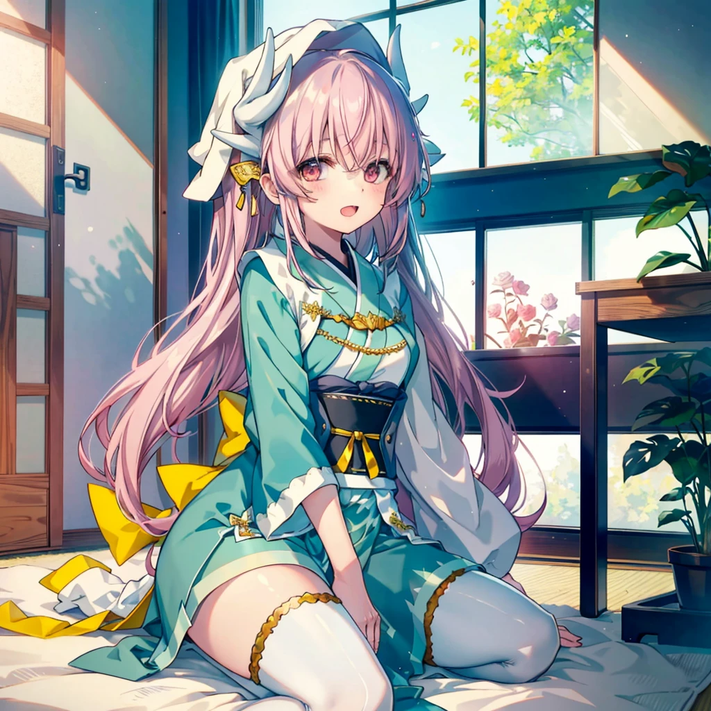 Faithful dog, Kiyohime the puppy, 1girll, Solo, Cesa, Blush, Sitting, Open mouth, tail wagging, view the viewer, indoor, My room,rose pink hair,drill twin tail,Japanese style dress,