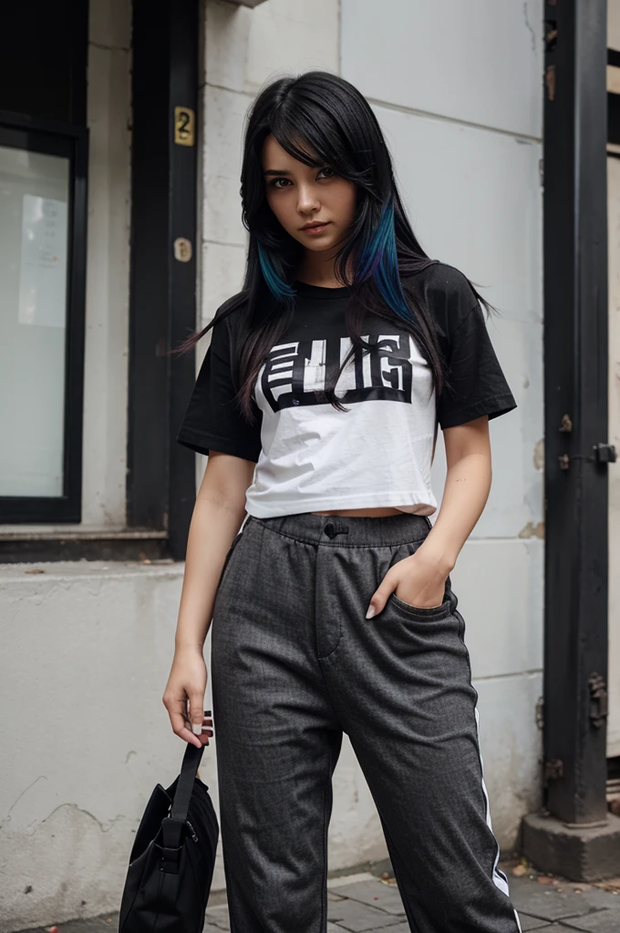 Girl character, hair color is black, t-shirt dan the pants color is a black + white