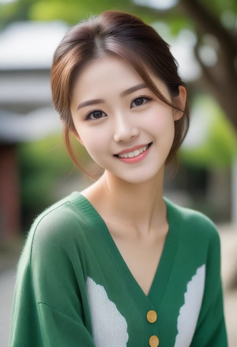 8k, Ultra-high resolution, Highest quality, masterpiece, 三分割法によるphotograph,Surreal, photograph, 1 girl, (16 years old:1.3), pretty girl, Cute face, Beautiful eyes in every detail, 細かくdetailedに,masterpiece,, One Girl:1.2, Japan Female Announcer,Young Wife,Urban area,street tree,green,White shirt,cardigan,Summer knitwear,Full of cleanliness,A carefree smile,Healing the heart,Looking at the audience、beauty,Long neck、Laugh a little、Please close your mouth and laugh、(((Ideal body type))),A-cup small breasts :2,、Portraiture:2、Perfect Anatomy、鮮明なdetailed、detailed、Surreal、Light and shadow,Strong light 