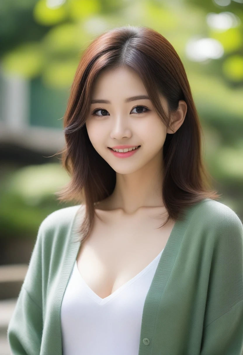 8k, Ultra-high resolution, Highest quality, masterpiece, 三分割法によるphotograph,Surreal, photograph, 1 girl, (16 years old:1.3), pretty girl, Cute face, Beautiful eyes in every detail, 細かくdetailedに,masterpiece,, One Girl:1.2, Japan Female Announcer,Young Wife,Urban area,street tree,green,White shirt,cardigan,Summer knitwear,Full of cleanliness,A carefree smile,Healing the heart,Looking at the audience、beauty,Long neck、Laugh a little、Please close your mouth and laugh、(((Ideal body type))),A-cup small breasts :2,、Portraiture:2、Perfect Anatomy、鮮明なdetailed、detailed、Surreal、Light and shadow,Strong light
