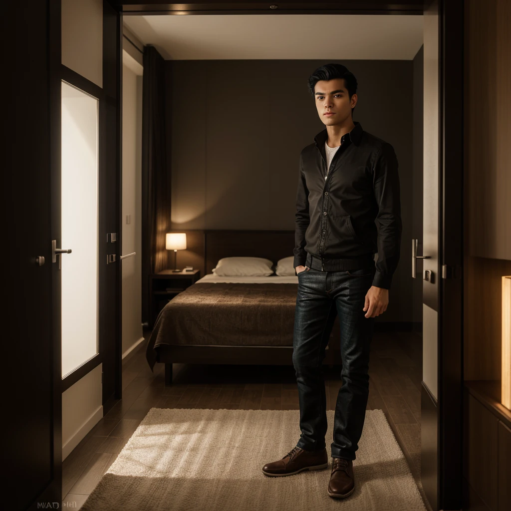 Masterpiece, upper, very detailed, real photos, A very handsome man, 18 year old, Spike Black Hair, wearing a Planel and Black Jeans Streatch, Standing facing the camera under the Luxuri Bedroom time at night, 64K ultraHD resolution, HDR, 800mm lens, realistic , hyperrealistic, photography, professional photography, deep photography, ultra HD, very high quality, best quality, mid quality, HDR photo, focus photo, deep focus, very detailed, original photo, original photo, ultra sh